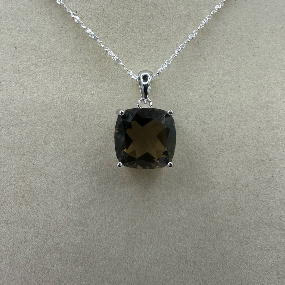Faceted Square Smoky Quartz Pendant on Silver Chain - Picture 6 of 11